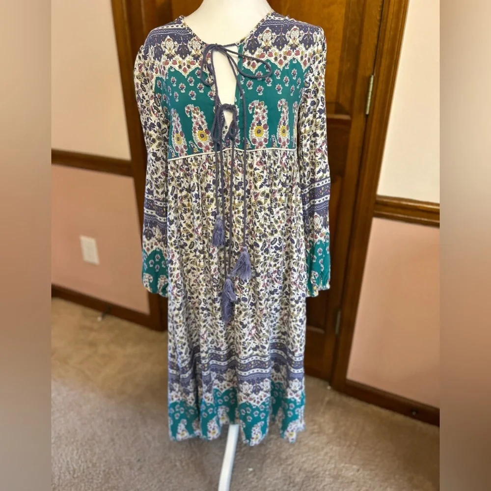 R.Vivimos | Boho Long Sleeve Floral Print Retro V Neck Tassel Midi Dress small - Picture 4 of 9